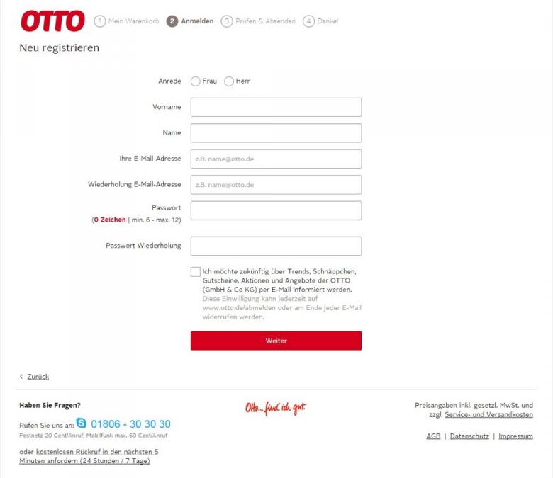 Registrierungsformular bei otto.de