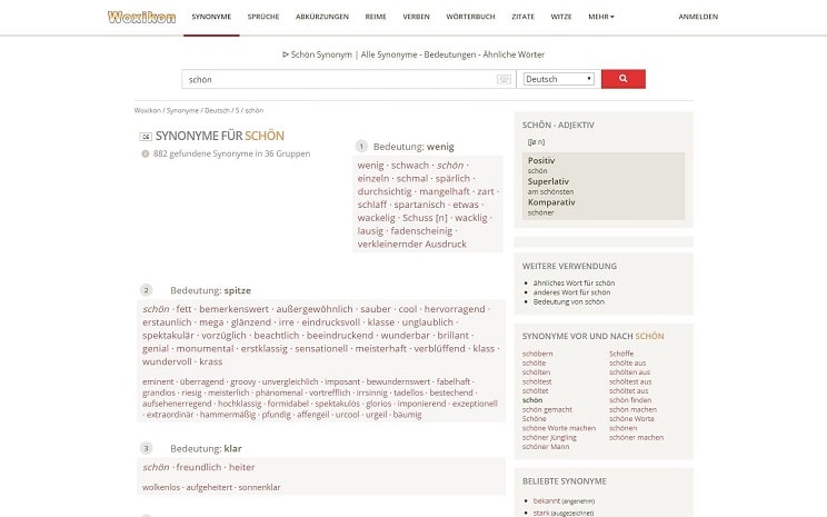 Screenshot von Woxikon, einem Autorentool zur Suche von Synonymen