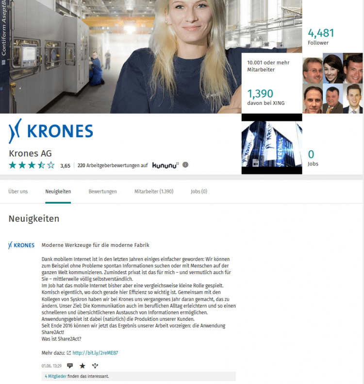 Auftritt der Krones AG auf XING