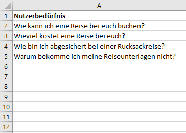 Excel-Liste mit Keywords