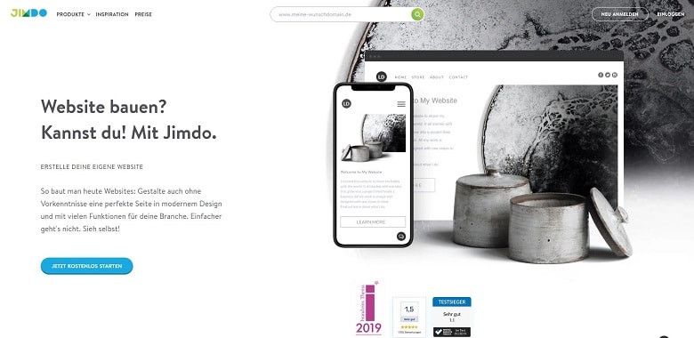 Webseite-Baukasten für Freelancer Jimdo, Ansicht der Homepage