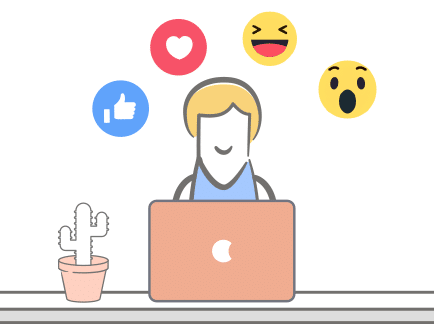 Grafik mit Männchen vorm Laptop, darüber diverse Emojis in Kreisen.