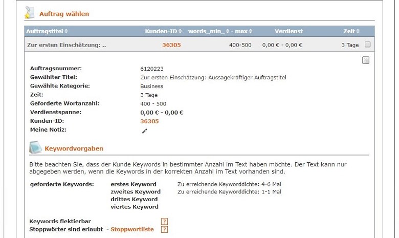 Screenshot der Keyword-Ansicht 