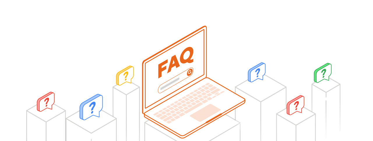 Grafik mit Laptop und FAQ auf seinem Bildschirm, rundherum bunte Fragezeichen.