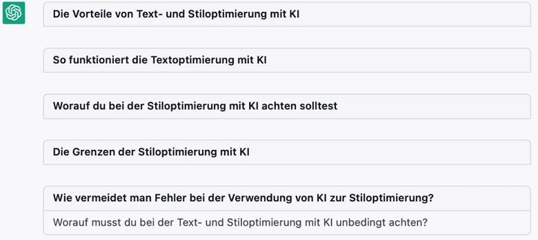 Screenshot mit einem Strukturvorschlag von ChatGPT für einen Text