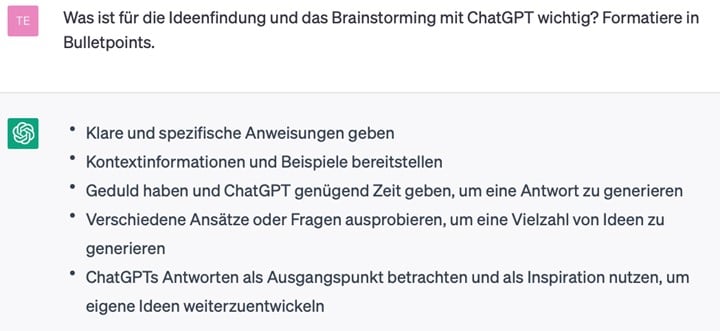Screenshot von ChatGPT zu Ideenfindung und Brainstorming mit der KI