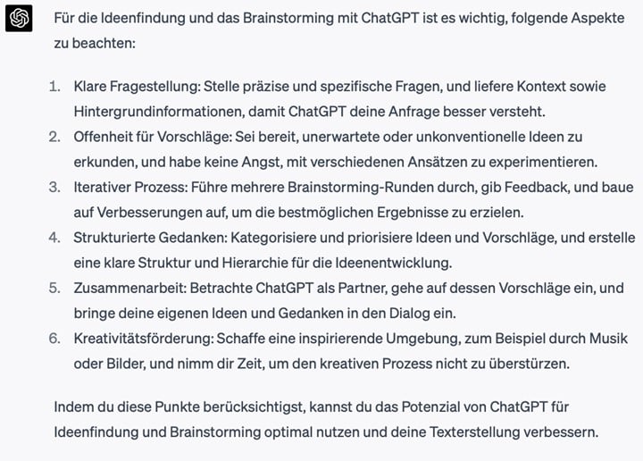 Wichtige Punkte für das Brainstorming mit KI (Quelle: https://chat.openai.com/chat/)