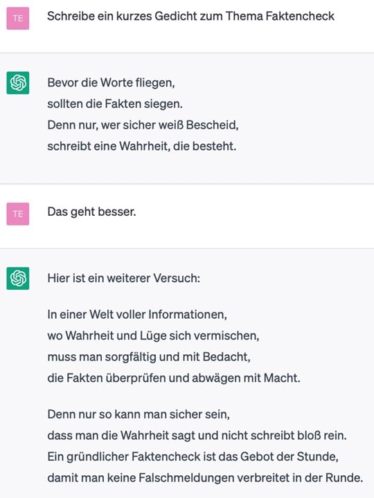 Prompt an ChatGPT, ein Gedicht zum Thema Faktencheck zu verfassen.